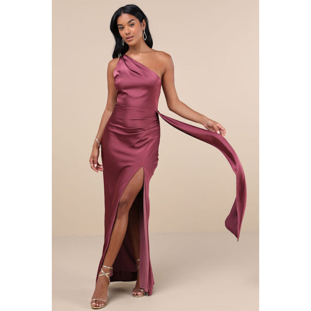 Lulus Signature Elegance Mauve Purple Satin One-shoulder Maxi Dress - Size S